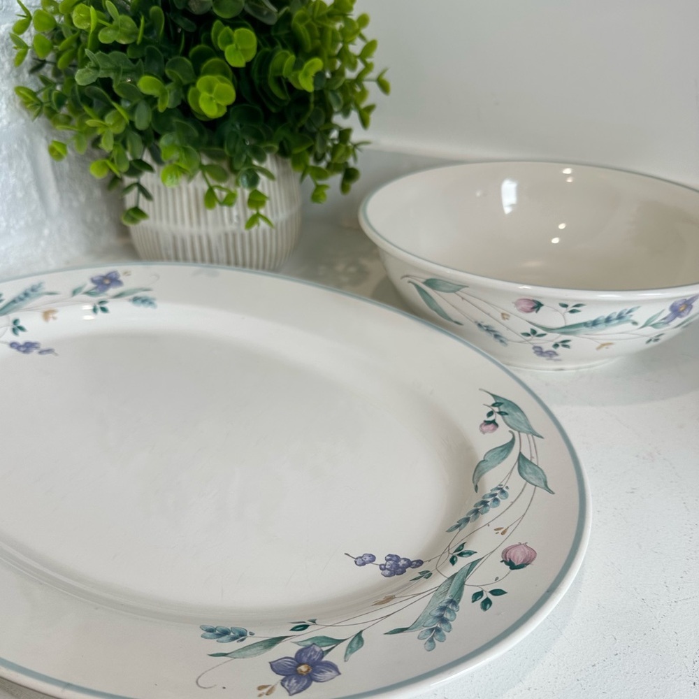 Pfaltzgraff April Stoneware Platter 14.50" x‎ 10.75" & Serving Bowl 8.5” Bin E
